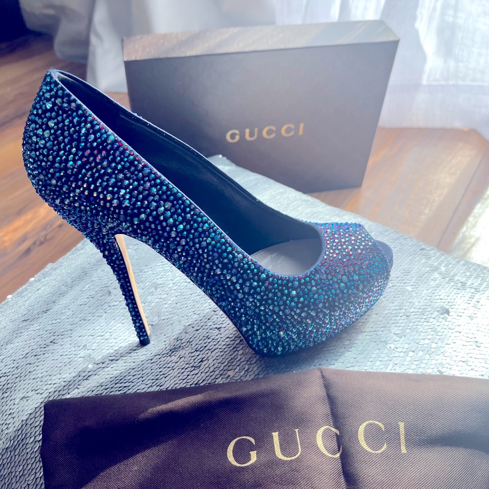Gucci - Raso Seta Marine Blue Crystal Encrusted Peep Toe High-heel Pump …